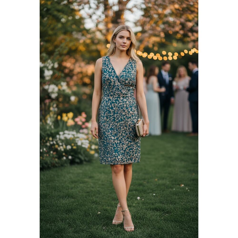Sleeveless Teal Floral Sheath Dress - Elegant V-Neck